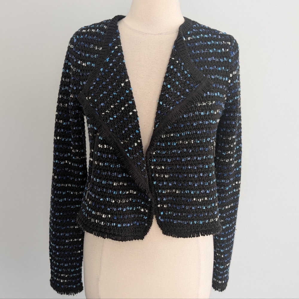 Women's WHBM Jacket Small Black Blue White Tweed Business Layering Cardigan